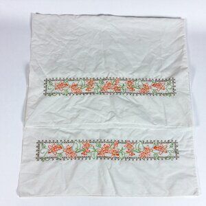 Vintage  Embroidered Cross Stitch Pillow Case Set of 2 Flowers Orange Handmade